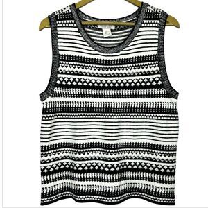 Rachel Zoe Fair Isle Western Sweater Vest XL Crew Neck Knitted Top Black White